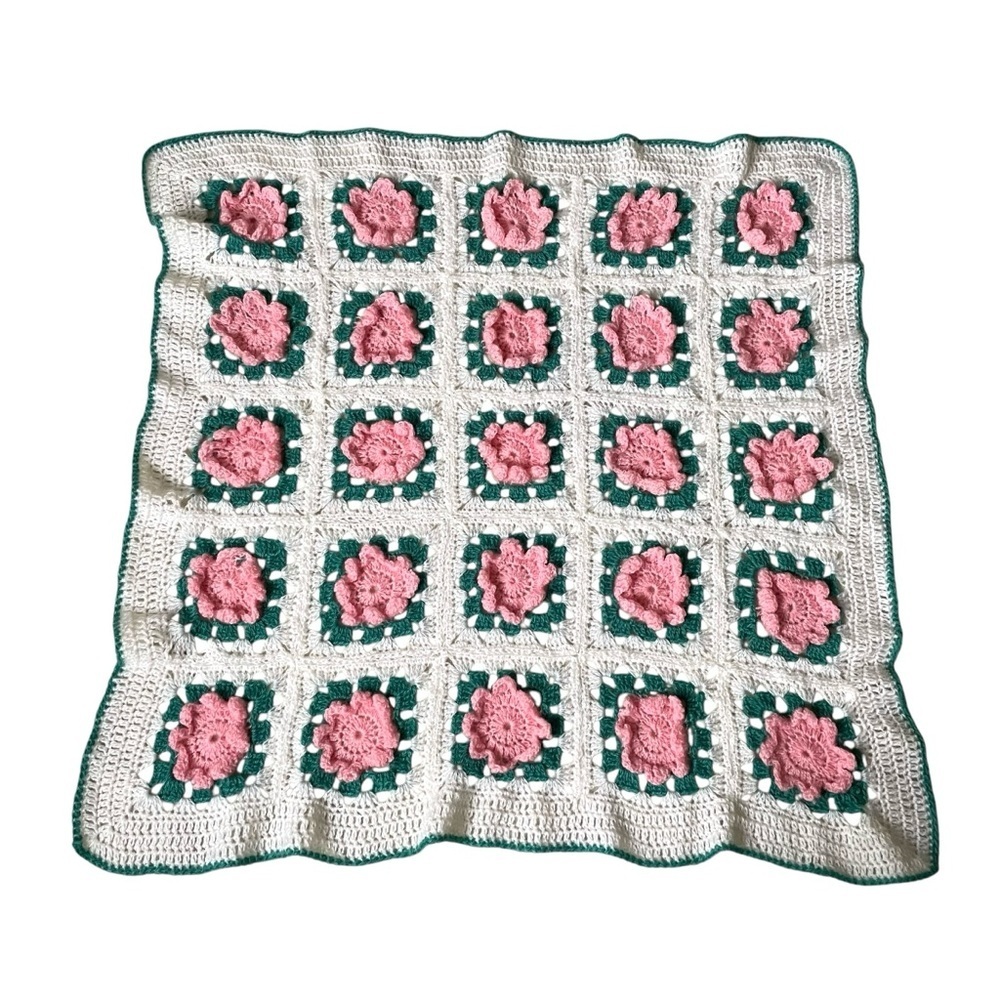 HANDMADE Vintage Granny Square Shabby Chic Crochet Throw Blanket Flowers